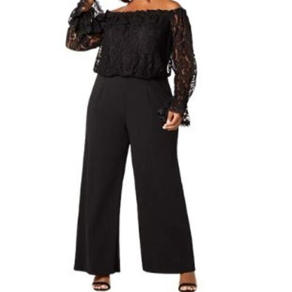 Adrianna Papell Pants - ADRIANA PAPPEL Plus Size Off-The-Shoulder Lace Black Jumpsuit Size 22W
